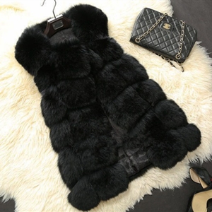 Warm Elegant Faux Fox Fur Vest Fashion Women Overcoat - Black