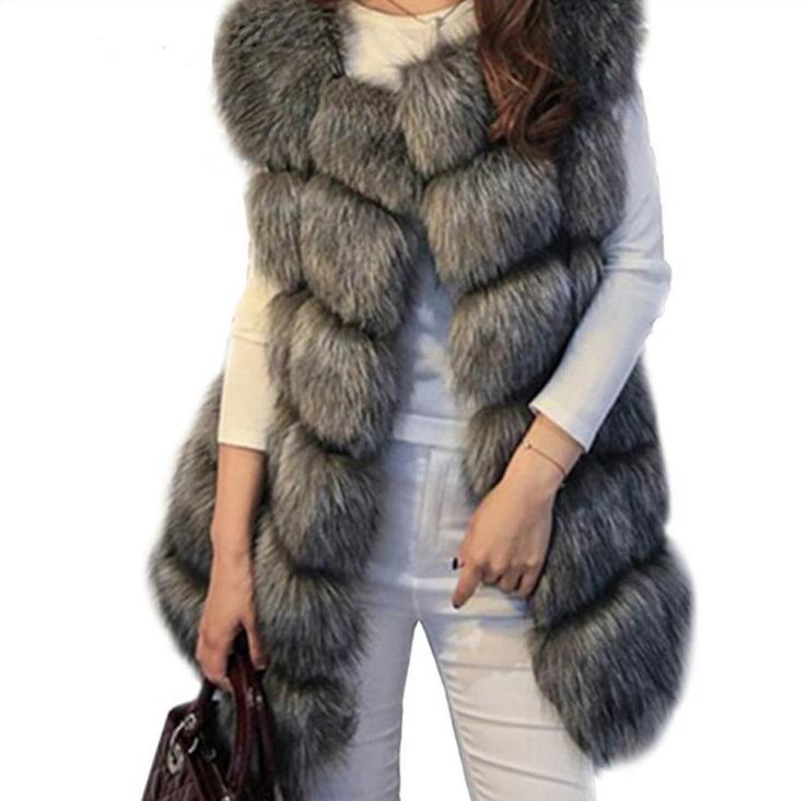 Warm Elegant Faux Fox Fur Vest Fashion Women Overcoat - Grey