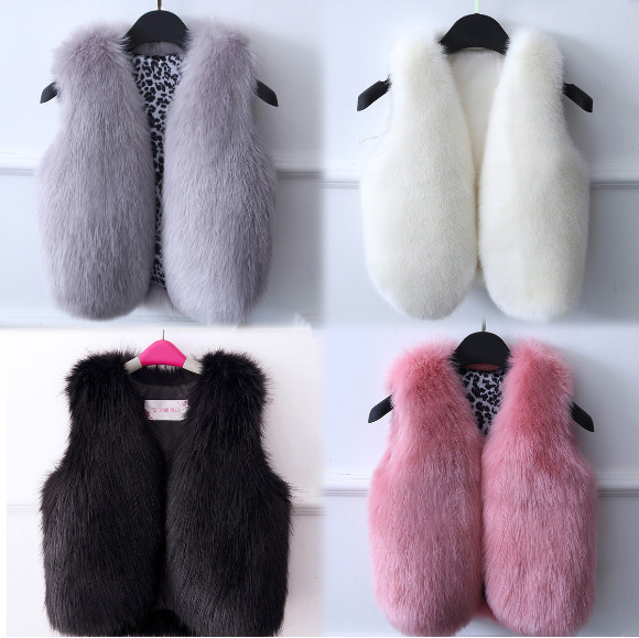 Warm Faux Fox Vest Fashion Girl Overcoat - Black
