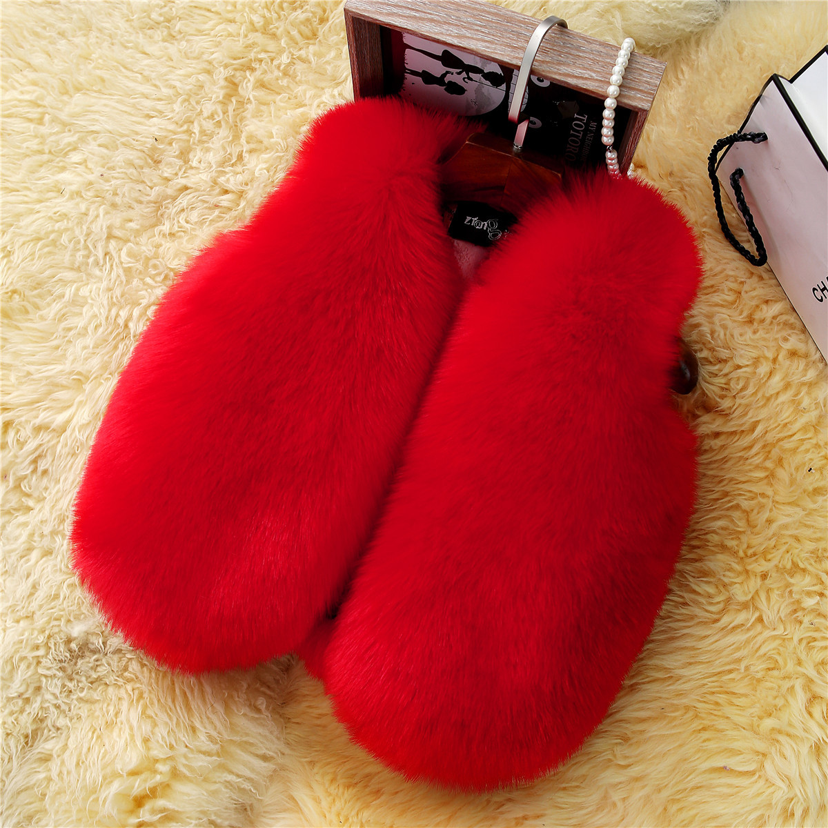 Warm Faux Fox Vest Fashion Girl Overcoat - Red