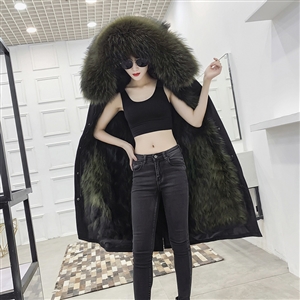 Warm Real Raccoon Fur Overcoat Fashion Women Coat - Green 01