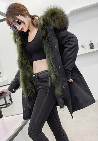 Warm Real Raccoon Fur Overcoat Fashion Women Coat - Green