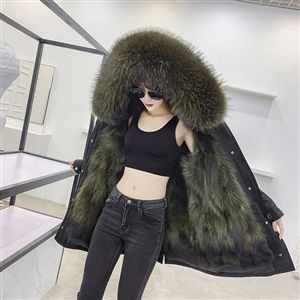 Warm Real Raccoon Fur Overcoat Fashion Women Coat - Green