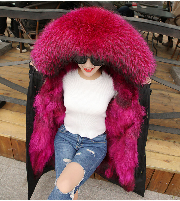 Warm Real Raccoon Fur Overcoat Fashion Women Coat - Rose