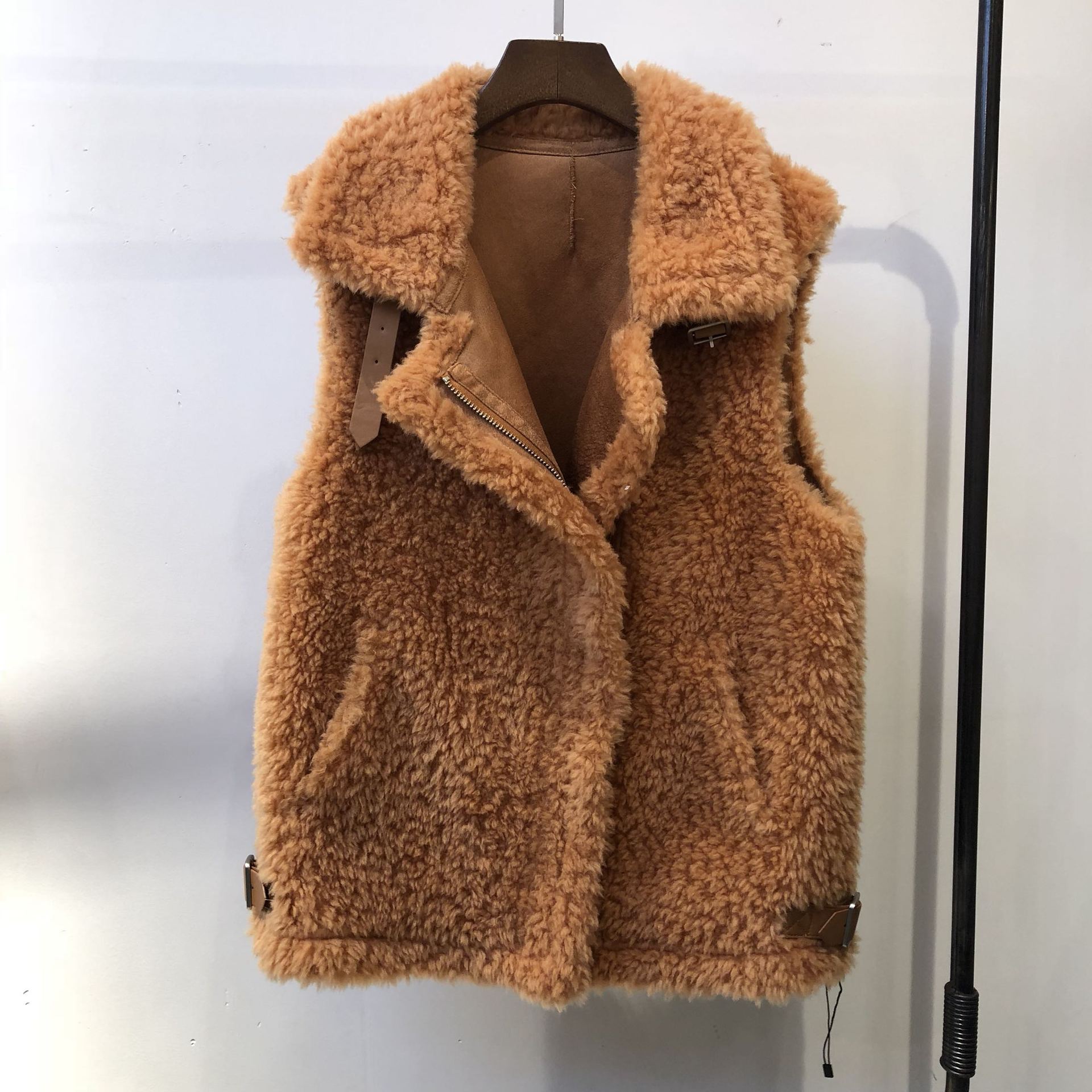 Warm Super Real Lamb Fur Vest Women Overcoat - Brown