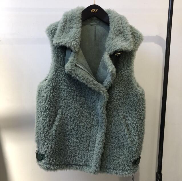 Warm Super Real Lamb Fur Vest Women Overcoat - Green