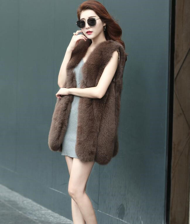 Warm Temperament Real Fox Fur Vest Women Overcoat - Brown