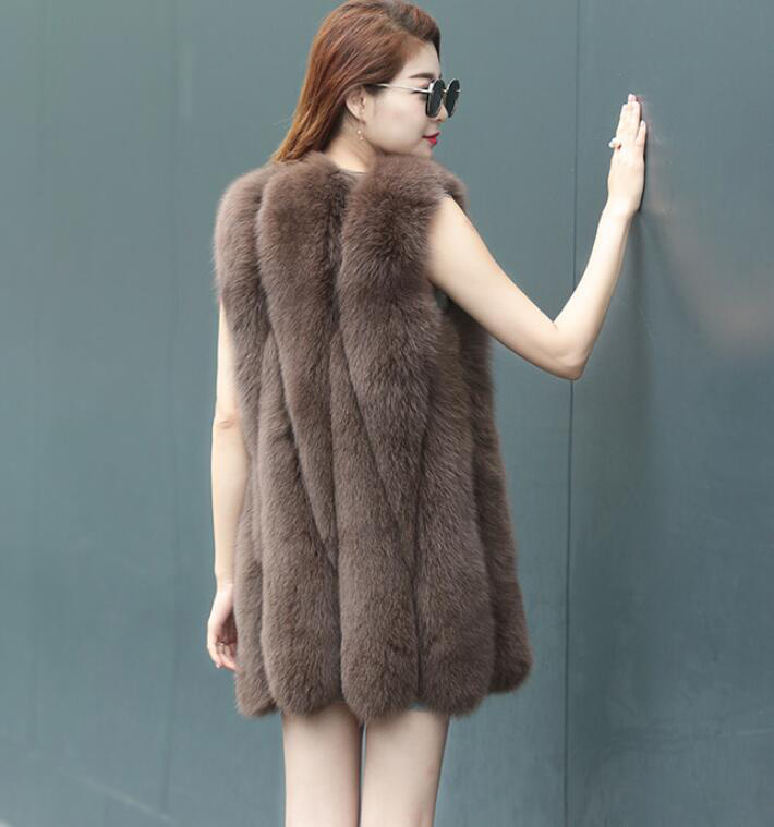 Warm Temperament Real Fox Fur Vest Women Overcoat - Brown
