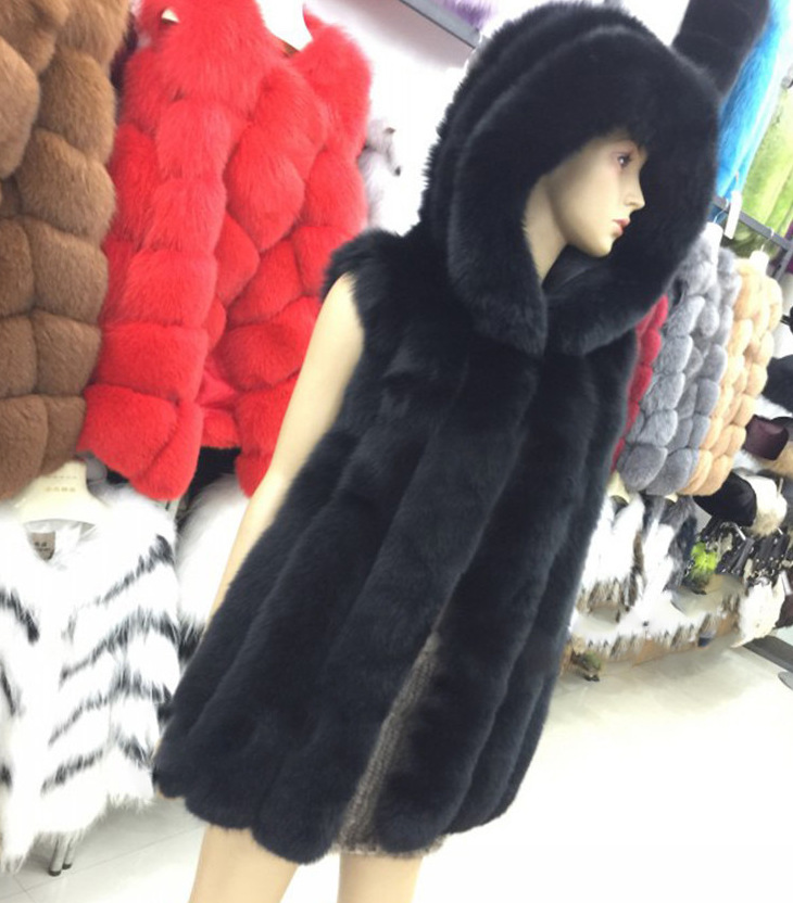 Wholesale Furry Faux Fox Fur Vest Fashion Women Overcoat - Black