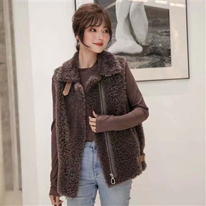 Winter Super Real Lamb Fur Vest Women Overcoat - Coffee