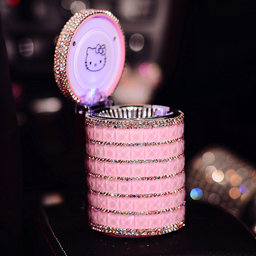 Cute Portable Car Ashtray with Led Light Crystal Bling Bling Car Ash Tray Storage Cup Holder for Girls Woman - Pink