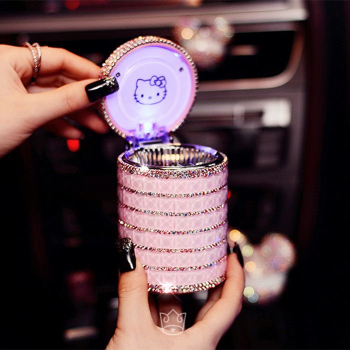 Cute Portable Car Ashtray with Led Light Crystal Bling Bling Car Ash Tray Storage Cup Holder for Girls Woman - Pink