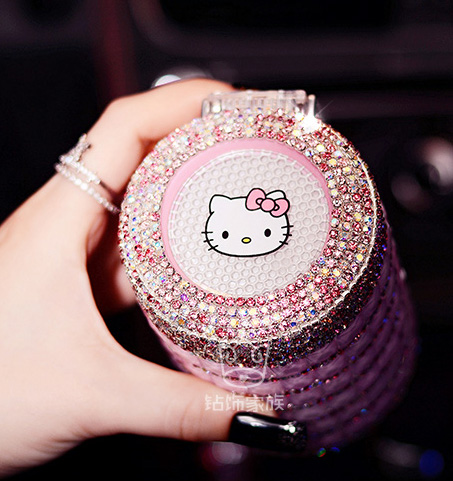Cute Portable Car Ashtray with Led Light Crystal Bling Bling Car Ash Tray Storage Cup Holder for Girls Woman - Pink