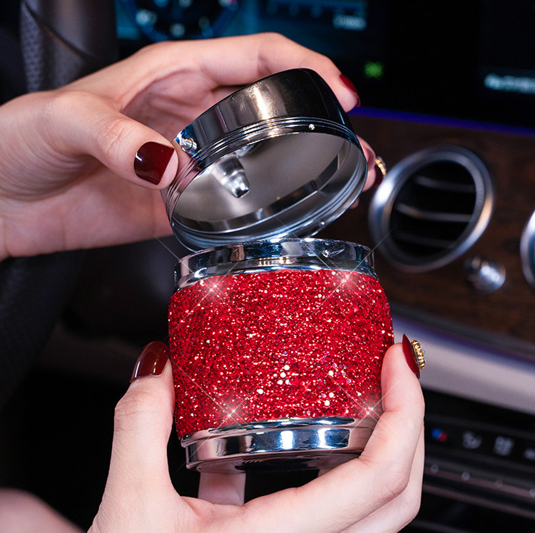 Portable Car Ashtray Crystal Bling Bling Car Ash Tray Storage Cup Holder for Girls Woman - Pink