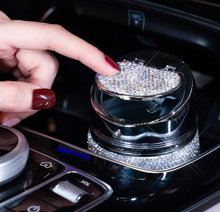 Portable Car Ashtray Crystal Bling Bling Car Ash Tray Storage Cup Holder for Girls Woman - Pink