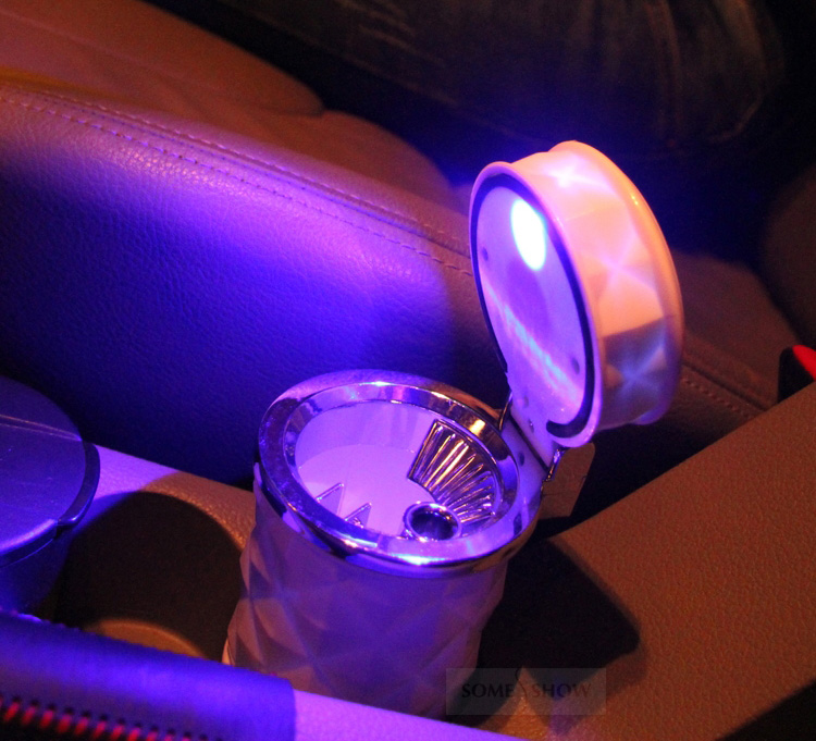 Portable Funky Car Ashtray with Led Light Crystal Bling Bling Car Ash Tray Storage Cup Holder for Girls Woman - White