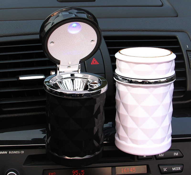 Portable Funky Car Ashtray with Led Light Crystal Bling Bling Car Ash Tray Storage Cup Holder for Girls Woman - White