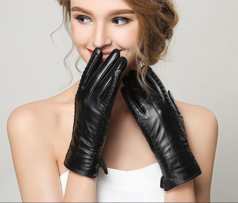 Automobile & Motorcycles Women Long Gloves Genuine Leather Sheepskin Touch Gloves Keep Warm - Black
