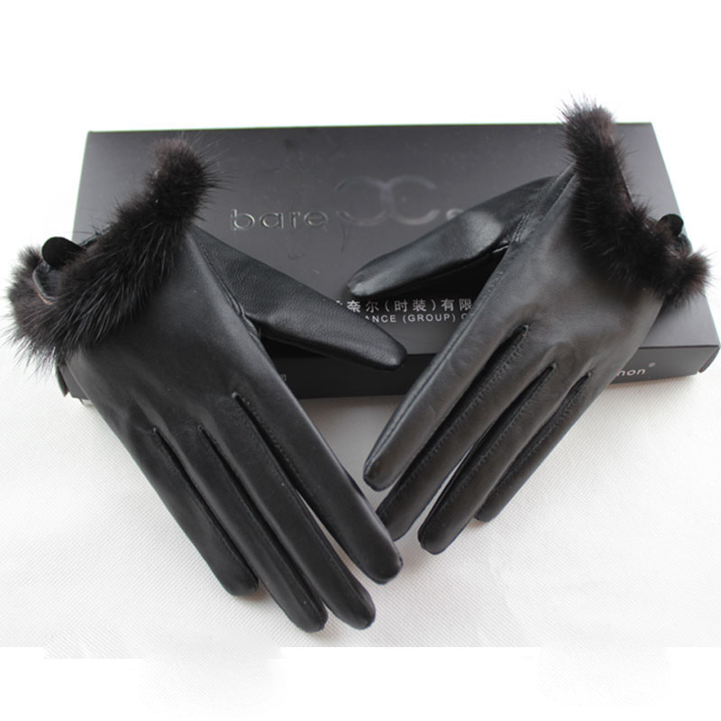 Classic Women Half Palm Button Real Sheepskin Girls Finger Gloves Keep Warm - Black Mink Fur
