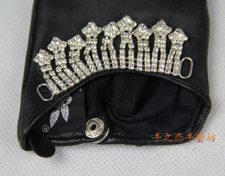Classic Women Half Palm Button Real Sheepskin Girls Finger Gloves Keep Warm - Black Bling