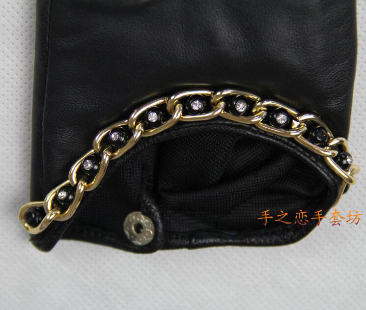 Classic Women Half Palm Button Real Sheepskin Girls Finger Gloves Keep Warm - Black Bling