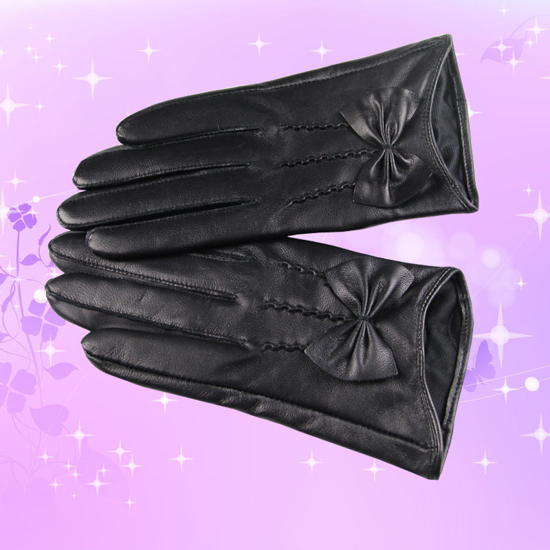 Classic Women Long Bowknot Genuine Leather Sheepskin Winter Gloves Keep Warm - Black