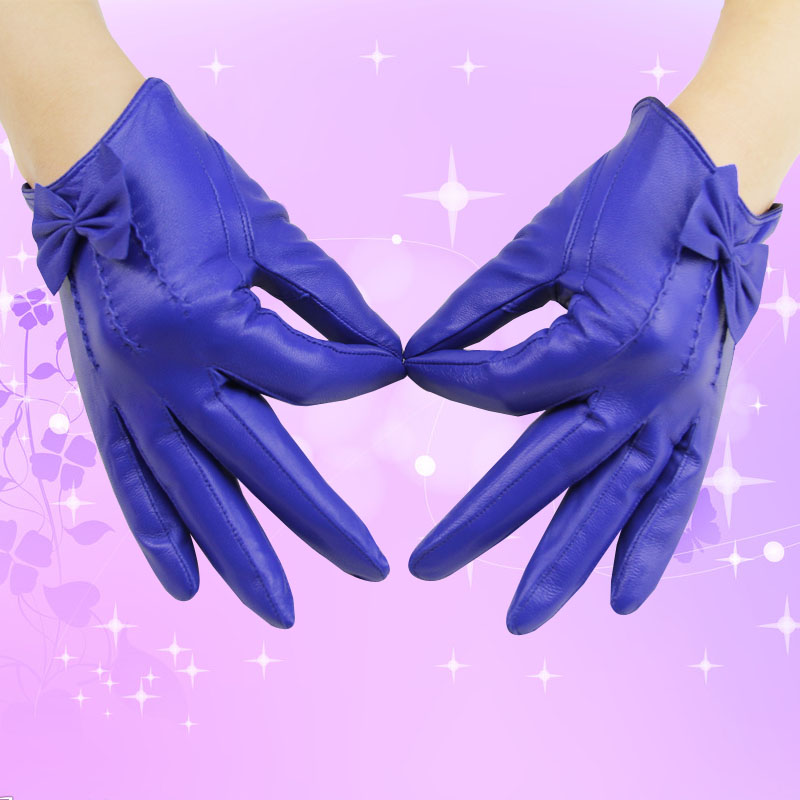 Classic Women Long Bowknot Genuine Leather Sheepskin Winter Gloves Keep Warm - Blue