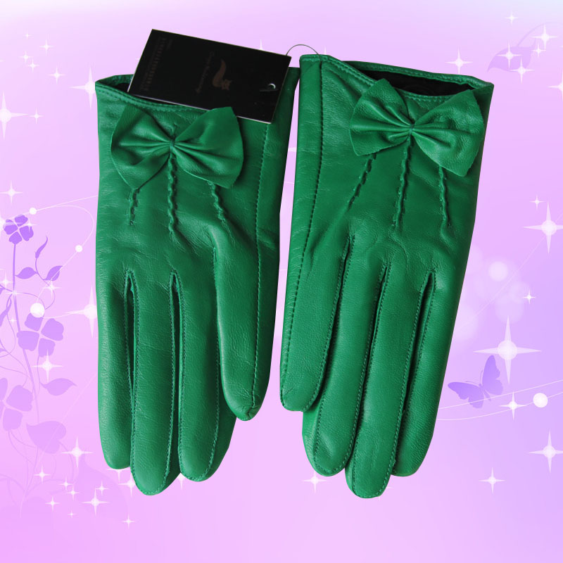 Classic Women Long Bowknot Genuine Leather Sheepskin Winter Gloves Keep Warm - Green