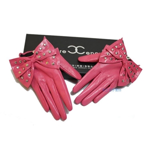 Fashion Women Buckle Bowknot Genuine Leather Sheepskin Finger Gloves Keep Warm - Red