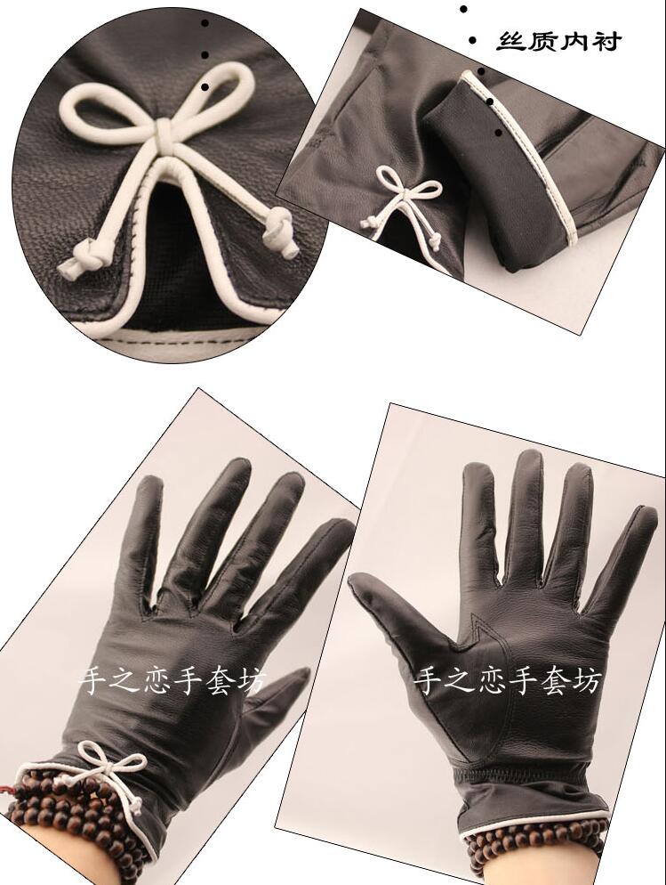 Fashion Women Long Bow Genuine Leather Sheepskin Finger Gloves Keep Warm - Red
