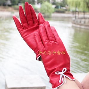 Fashion Women Long Bow Genuine Leather Sheepskin Finger Gloves Keep Warm - Red