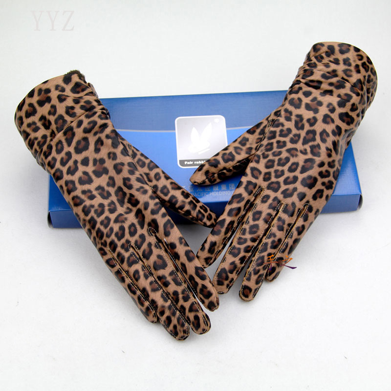 Fashion Women Long Leopard Print Genuine Leather Sheepskin Finger Gloves Keep Warm - 30CM