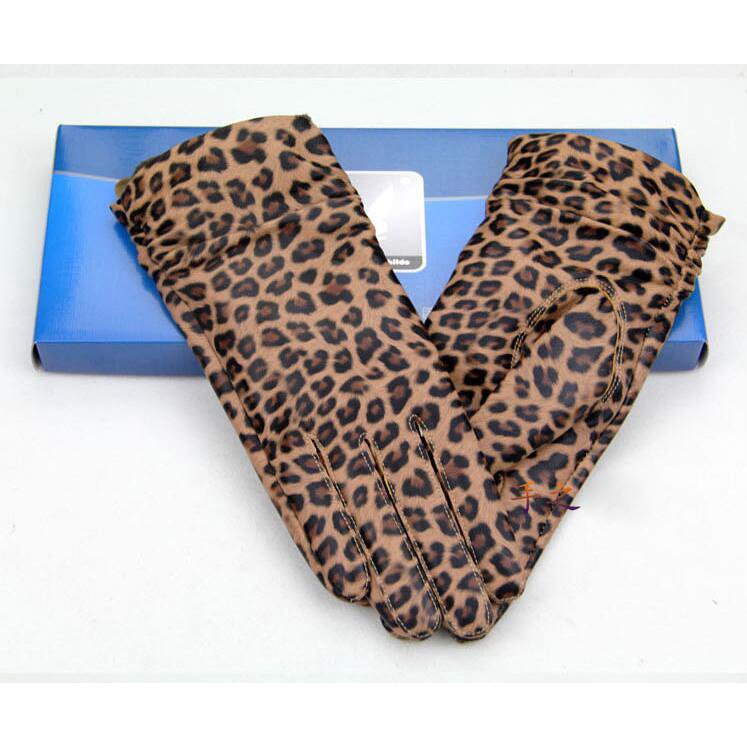 Fashion Women Long Leopard Print Genuine Leather Sheepskin Finger Gloves Keep Warm - 30CM