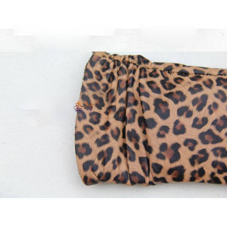 Fashion Women Long Leopard Print Genuine Leather Sheepskin Finger Gloves Keep Warm - 30CM