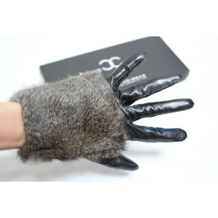 Fashion Women Long Rabbit Fur Genuine Leather Sheepskin Finger Gloves Keep Warm - Black Senior