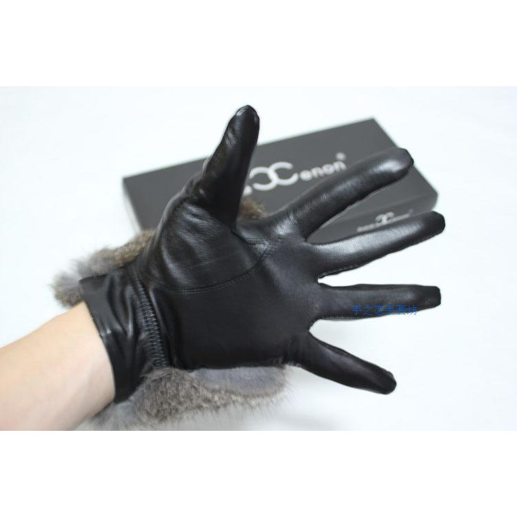 Fashion Women Long Rabbit Fur Genuine Leather Sheepskin Finger Gloves Keep Warm - Black Senior