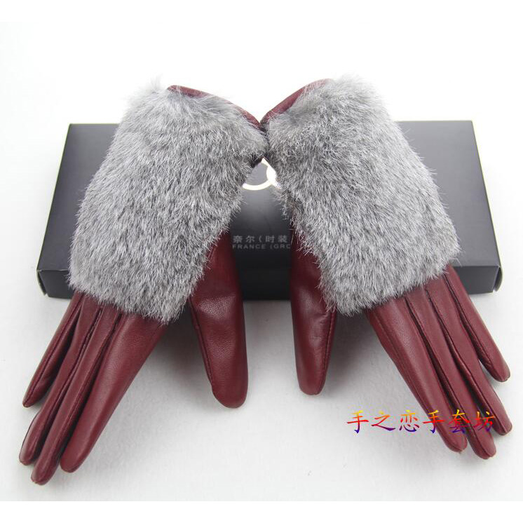 Fashion Women Long Rabbit Fur Genuine Leather Sheepskin Finger Gloves Keep Warm - Dark Red