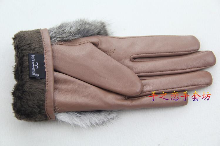 Fashion Women Long Rabbit Fur Genuine Leather Sheepskin Finger Gloves Keep Warm - Red