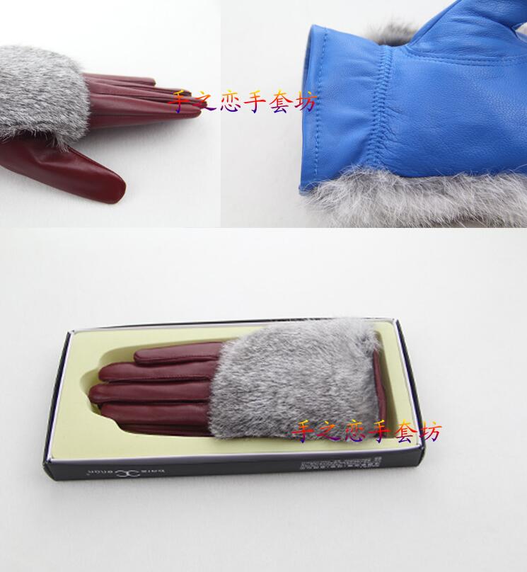 Fashion Women Long Rabbit Fur Genuine Leather Sheepskin Finger Gloves Keep Warm - Red