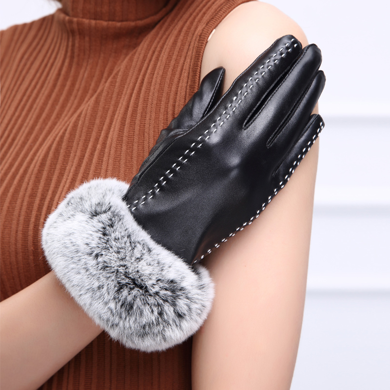 Fashion Women Long Rabbit Fur Genuine Leather Sheepskin Touch Gloves Keep Warm - Black