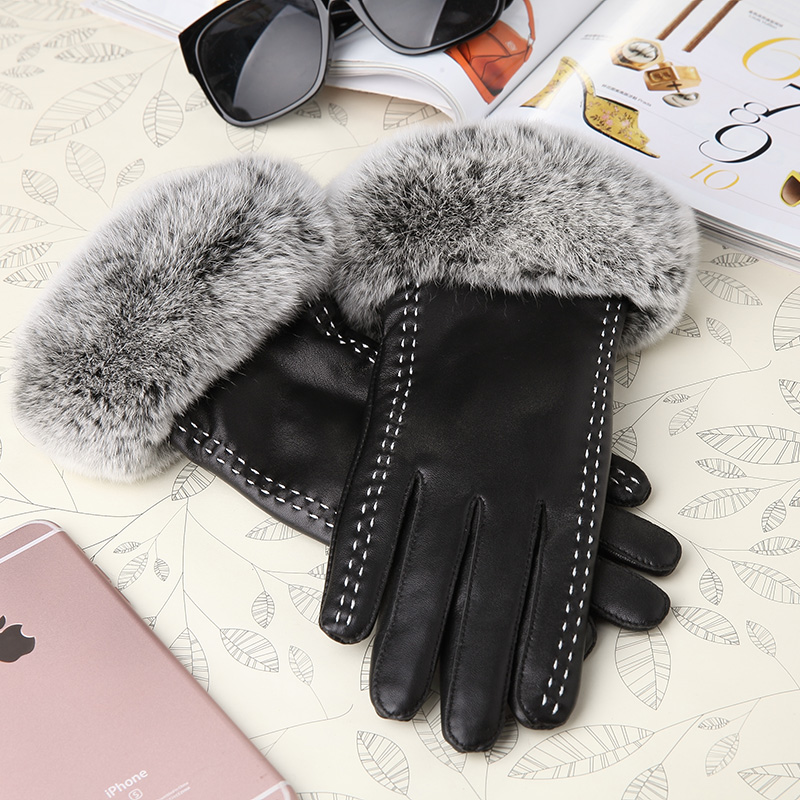 Fashion Women Long Rabbit Fur Genuine Leather Sheepskin Touch Gloves Keep Warm - Black