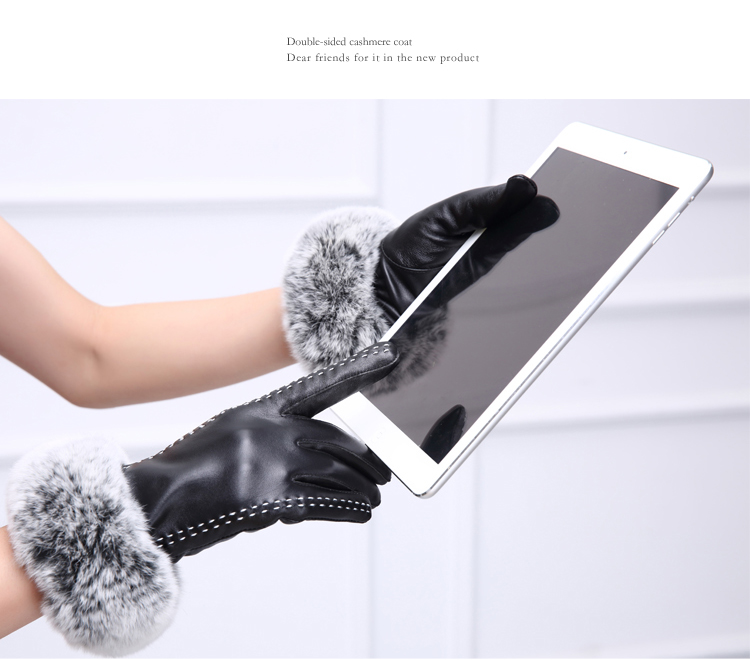 Fashion Women Long Rabbit Fur Genuine Leather Sheepskin Touch Gloves Keep Warm - Black