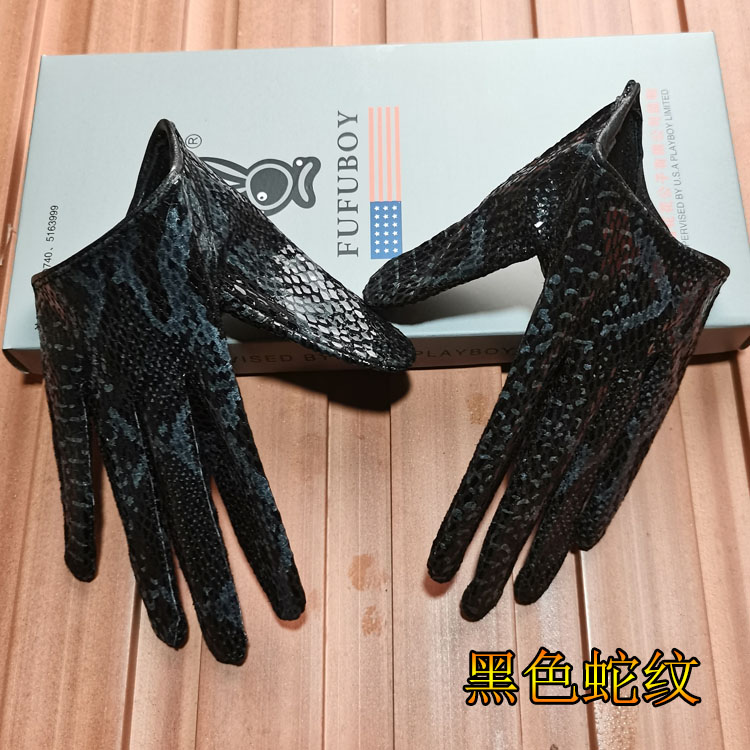Fashion Women Performance Genuine Leather Sheepskin Half Palm Short Gloves Hip Hop - Black Snake