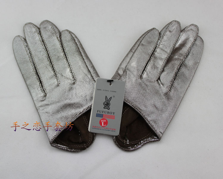 Fashion Women Performance Genuine Leather Sheepskin Half Palm Short Gloves Hip Hop - Silver