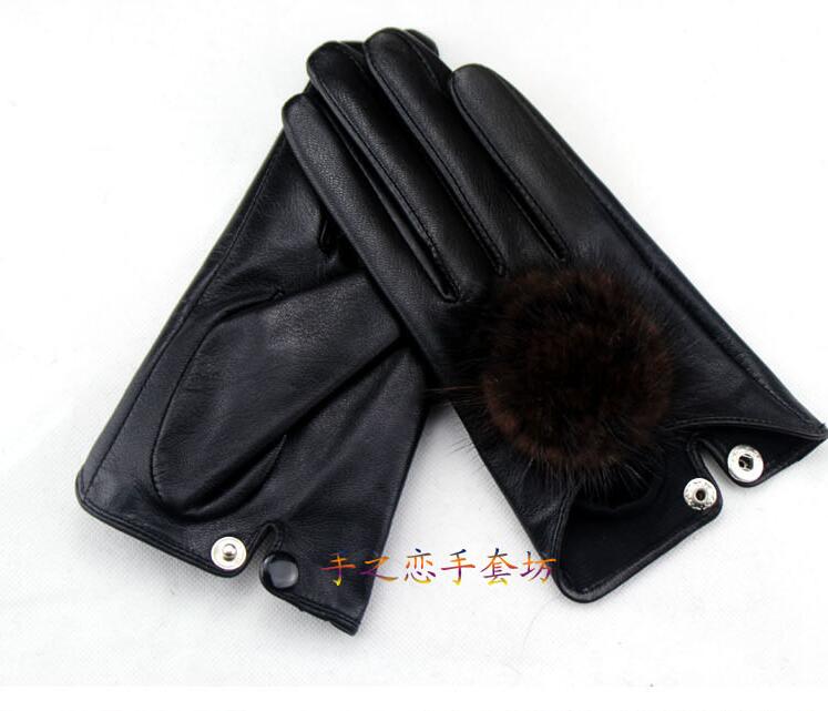 Hair Ball Women Long Mink Fur Real Sheepskin Button Finger Gloves Keep Warm - Black