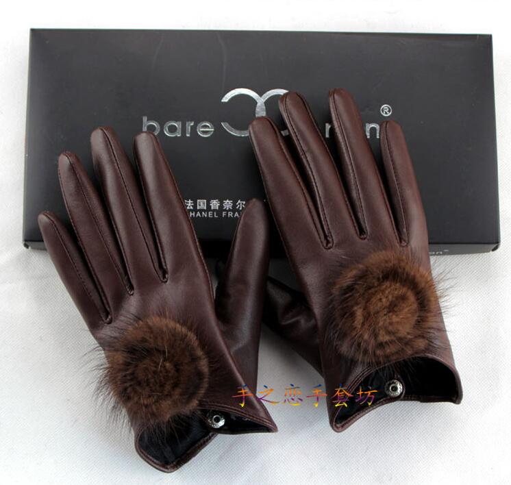 Hair Ball Women Long Mink Fur Real Sheepskin Button Finger Gloves Keep Warm - Brown