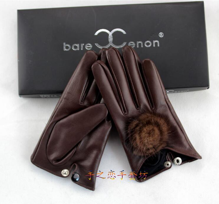 Hair Ball Women Long Mink Fur Real Sheepskin Button Finger Gloves Keep Warm - Brown