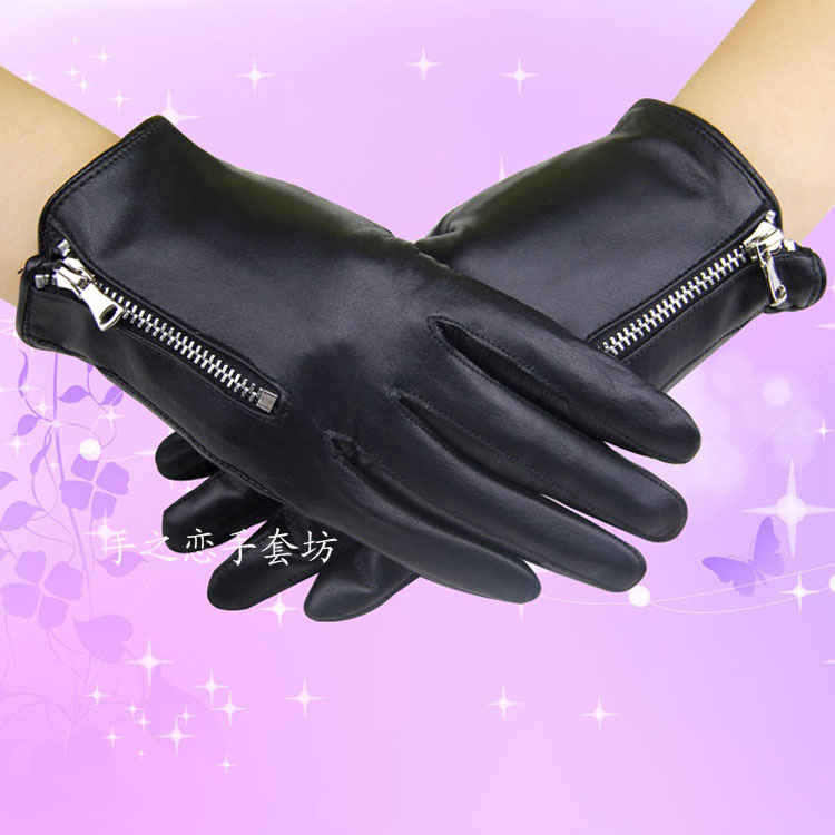Lovers Women Long Gloves Genuine Leather Sheepskin Zipper Gloves Keep Warm - Black