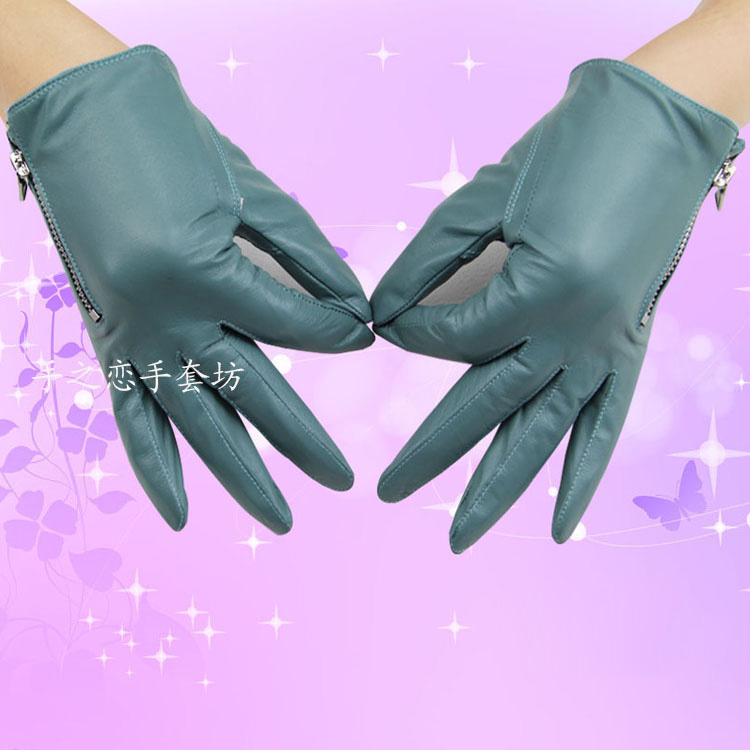 Lovers Women Long Gloves Genuine Leather Sheepskin Zipper Gloves Keep Warm - Light Blue