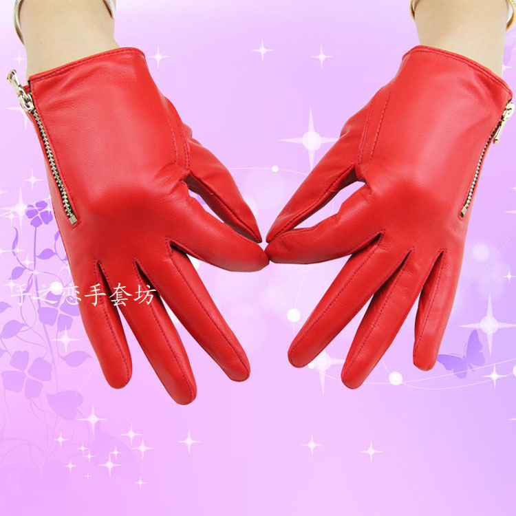 Lovers Women Long Gloves Genuine Leather Sheepskin Zipper Gloves Keep Warm - Red
